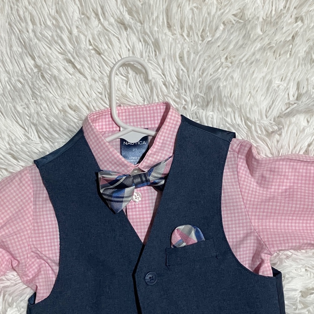Nautica Kids Pink Shirt with Blue Vest and Bow Tie